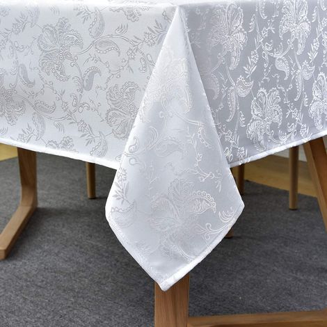 Nappe à motif damassé floral, déperlante et anti-poussière, infroissable, 130 x 180 cm, 4 à 6 couverts, blanche