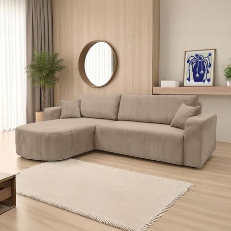 Loungitude – Canapé convertible d'angle réversible 4 places en velours côtelé – Coffre de rangement intégré – Méridienne arrondie – Taupe (1/5)