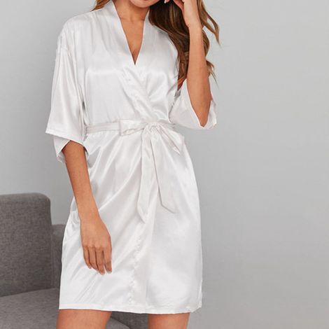 Peignoir de pyjama femme ceinturé, col V, manches longues, idéal pour le bain et le spa, blanc, taille M (1/4)