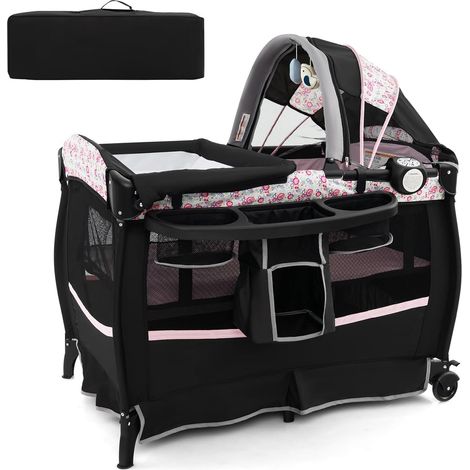 COSTWAY 4 in 1 Lettino da Campeggio con Fasciatoio, Lettino Pieghevole per Bambini con Materasso, Centro Neonati con Culla, Box Musicale, Cappottina Regolabile, Borsa da Viaggio (Fiore Grande)