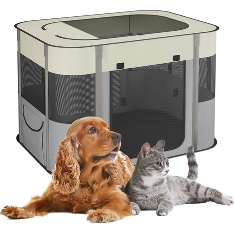 Relaxdays Folding Pet Playpen, 55x82x60 cm, Puppy Pen, Indoor & Outdoor, Portable Cat & Dog Run, Oxford Fabric, Multi