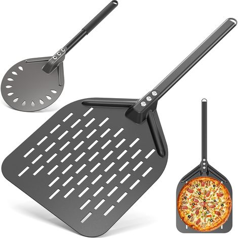 Pelle à Pizza Lot de 2, Pelle Carrée 12 Pouces et Pelle Tournante Ronde 6 Pouces, Pelle à Pizza Perforée avec Poignée Anti-Brûlure, pour Four à Pizza Intérieur/Extérieur, Pain et Pâtisserie (1/5)