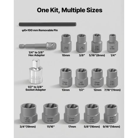 Coffret Extracteurs de Boulons Endommagés 16PCs, Jeu de Douilles d'Extraction d'Écrous Abîmés Rouillés Arrondis, Utilisés avec Clé… (1/5)