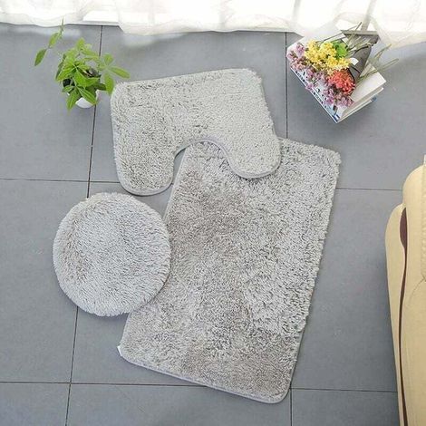 Triumph Pure Color 3 Piece Bathroom Rugs, Soft Absorbent Non-Slip Rug and Toilet Lid Cover, Washable, Gray (1/5)