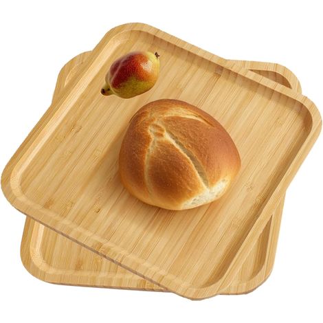 Lot de 2 Plateaux, Bambou, Carré 20x20cm, Bois Naturel, Petit Déjeuner (1/5)