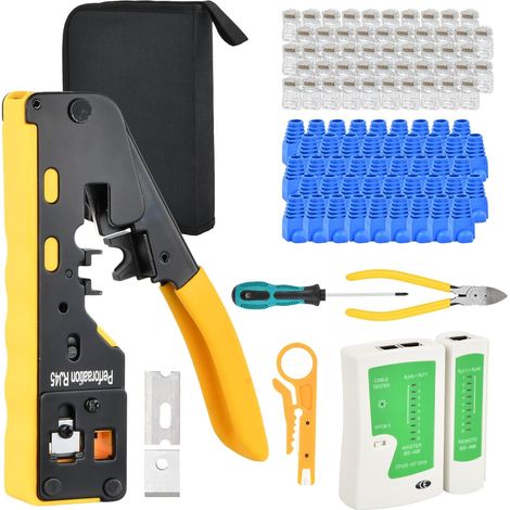 RJ45 Crimping Tool Kit for CAT5/CAT5E/CAT6/CAT6A/CAT7 Network Connector with 50 Connectors Tester Cable RJ45 Network Plug Pass Through (1/5)