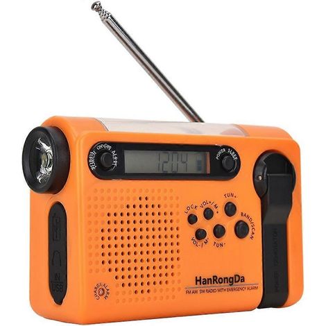 Radio d'urgence portable HanRongDa pour l'extérieur, AM/FM/SW, à énergie solaire et manivelle, avec lampe torche LED, batterie 2000 mAh et alarme SOS. (1/5)