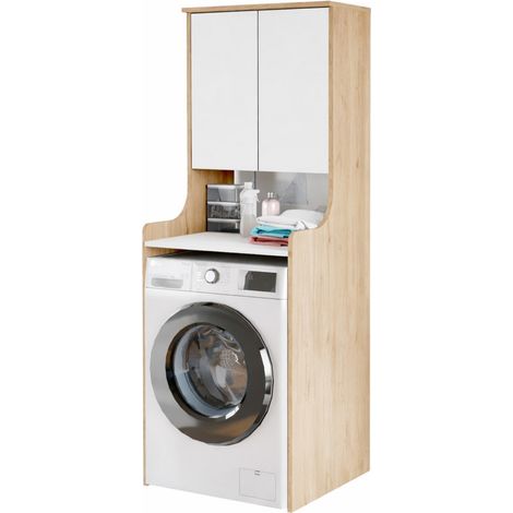 Meuble Lave-Linge 2 Portes 3 Niches Chêne et Blanc L 64.8 H 181 P 61.8 cm (1/5)