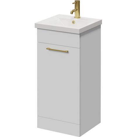 Napoli 390 Gloss White 400mm Single Door Vanity Unit with Glide Basin - 400mm - Brushed Brass 160mm Handle