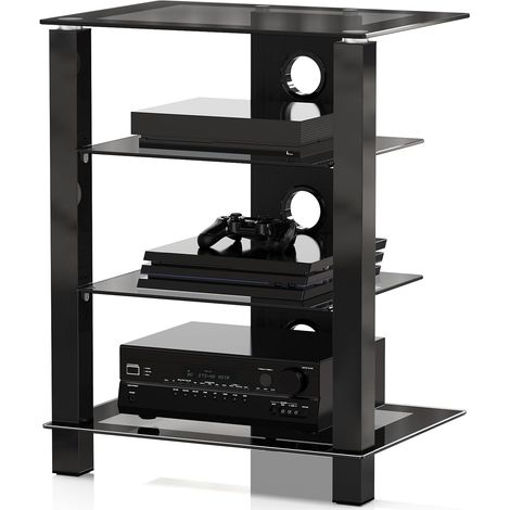 Meuble HiFi à 4 Niveaux, en Verre Trempé Noir, Convient pour Ampli/Platine/CD, avec Gestion des Câbles et Hauteur Réglable, Meuble Vinyle 57 × 42 × 74 cm, Charge Maximale 30 kg. (1/5)