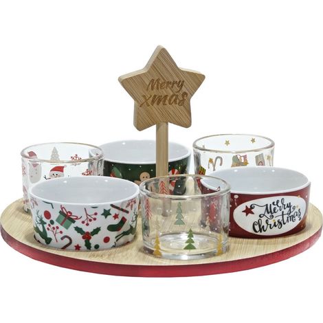 TRADE SHOP - Set Antipastiera Natalizia Base Rotonda In Bamboo ø 27 Cm Con 6 Ciotole Assortite -