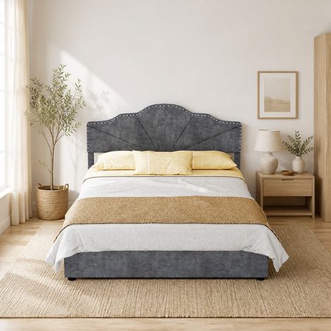 cadre de lit 140x200 cm gris – tête de lit géométrique, sans matelas (1/5)