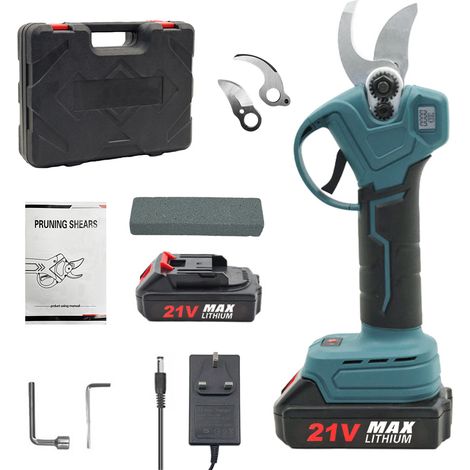 Sécateur électrique sans fil 21 V avec moteur sans balais puissant, écran LCD de coupe de 3 cm de diamètre, 2 batteries de 2000 mAh + lames de rechange, tondeuse de jardin pour branches d'arbres et co (1/5)