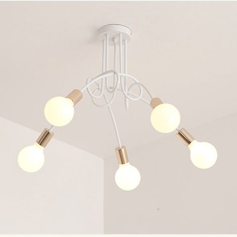 Plafonnier industriel, lustre Sputnik, plafonnier en métal à 5 ​​têtes, lustre vintage, or blanc (ampoule incluse) (1/5)