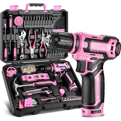boite a outils complete 133 pièces -Mallette à outils rose pour réparations domestiques et bricolage, avec perceuse visseuse électrique 12 V pour percer et serrer/desserrer les vis