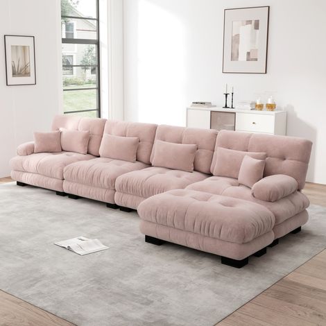 Divano angolare modulare a L in ciniglia rosa 4 posti con pouf mobile OKWISH (1/5)