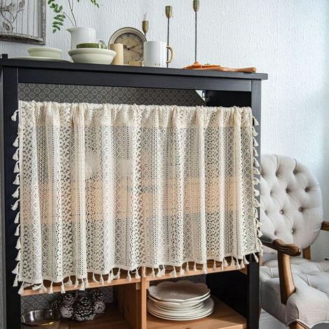 Cache-fenêtre style bohème beige, rideau court, poche large, mélange de coton, dentelle au crochet, pour salon, chambre, cuisine, 59x18 pouces, 1 panneau, dentelle tricotée beige (1/4)