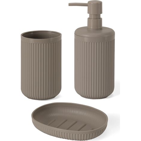Set accessori bagno 3 pz con dispenser portaspazzolino e portasapone tortora cannettato Arizona (1/5)
