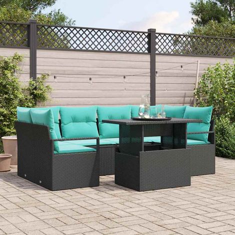 Ensemble Canapé de Jardin Modulaire 7 Pièces en Polyrotin Noir et Bleu avec Table - PANGIVO (1/5)