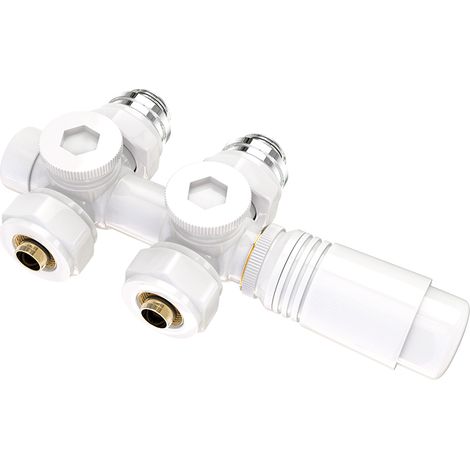 Heilmetz Multiblock set para conexión de radiadores con termostato 50mm valvulería accesorios de calefacción esquinera y pasante blanco juego de conexión de pared (1 pieza) (1/5)