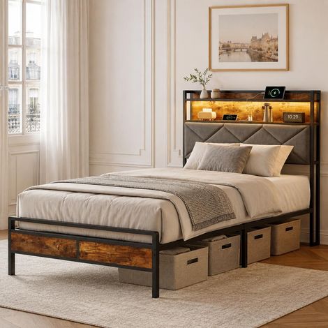 Letto singolo 90 x 200 cm con LED RGB, testiera con mensola e porte USB e Type-C, vano portaoggetti sotto il letto, struttura in metallo e legno, legno scuro e grigio (1/5)