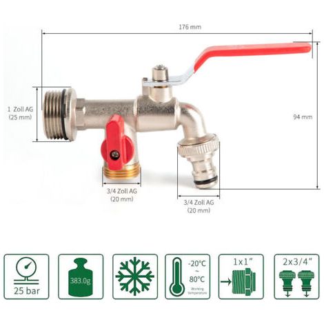 Robinet double extérieur en laiton 3/4'' – Revêtement chromé et nickelé – Étanchéité avec filetage métallique – Installation facile – Bares (1/5)