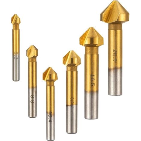 6 pièces fraise en noyer fraise conique 90° chanfrein HSS 6.3mm 8.3mm 10.4mm 12.4mm 16.5mm 20.5mm dents outil de revêtement en titane fraise cylindrique fraise pour bois métal PVC (1/5)