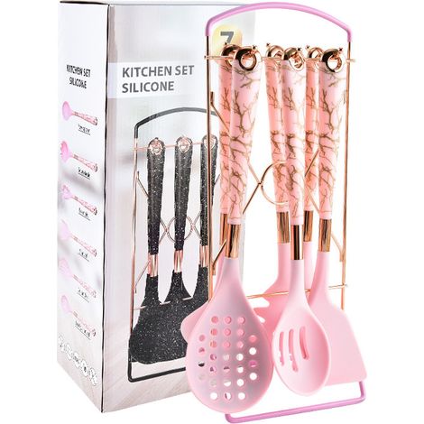 Ensemble de 7 ustensiles de cuisine en silicone, manche plaqué or rose, antiadhésif, rose (1/2)