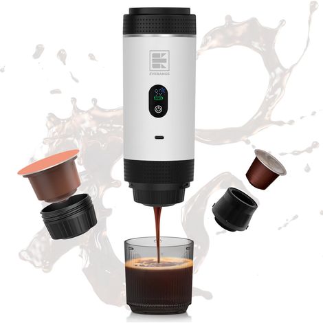 Machine à expresso électrique portable, cafetière de voyage compatible avec le café moulu et les capsules (blanche avec écran LCD) (1/5)
