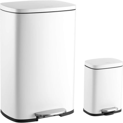 Mini poubelle en acier à pédale Fermeture du couvercle en douceur, Poubelle pour Maison, Bureau, Cuisine, Grand : 50 litres, Petit : 5 litres, Blanc (1/5)