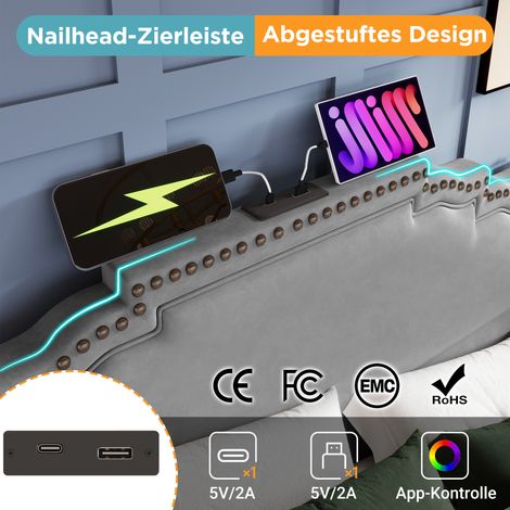 Lit coffre 160x200 en velours gris, double avec 4 tiroirs, éclairage LED, port USB-C, sommier à lattes inclus, sans matelas, pour enfant et adulte (1/5)