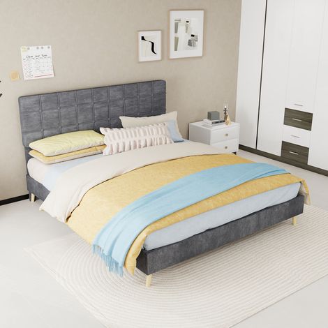 Letto matrimoniale 205x160x104 cm, testiera imbottita a quadri, gambe in legno, velluto grigio (1/5)