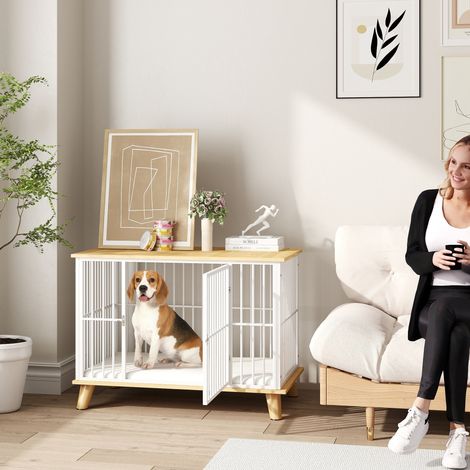 Cage pour chien avec porte verrouillable, coussin amovible, bonne ventilation, acier, 86 x 60 x 70 cm, blanc et gris