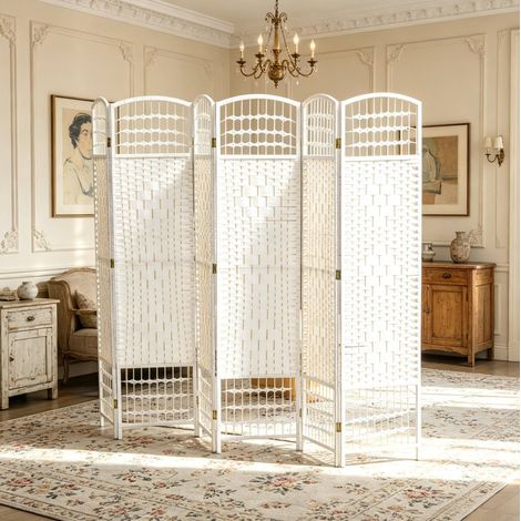 Paravento interno pieghevole a 6 pannelli 242 x 170 cm in carta e legno bianco OKWISH (1/5)