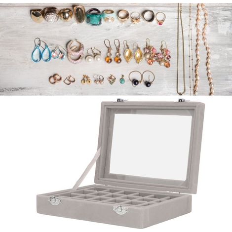 Boîte à Bijoux en Velours, Élégante Boîte à Bijoux avec 24 Compartiments et Couvercle Transparent, Présentoir pour Bagues et Boucles d'Oreilles, pour Femme, Bureau ou Voyage