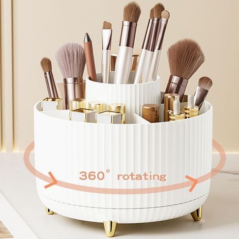 Organisateur Maquillage Rotatif, 360°Rotatif Pot a Crayon Rangement Pinceaux Maquillage 5 Compartiments Pinceaux Maquillage Organisateur-Blanc (1/4)