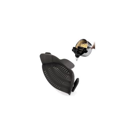 Colador de silicona con clip - Resistente al calor - Para escurrir alimentos durante la cocción o verter líquidos - Tamaño universal - Negro - 1 unidad - Crezuo