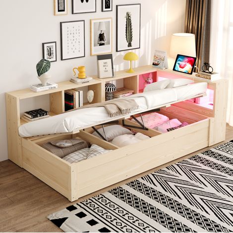 Lit simple 90x200 avec rangement LED bois naturel OKMYHOME (1/5)