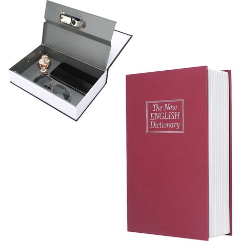 Sicherheitsbox im Buchstil [Attrappe] Tragbare Aufbewahrungsbox mit 3-stelligem Zahlenschloss für Bankkarten, Schmuck, Bargeld, Abmessungen 240 x 160 x 55 mm, Rot, ABS/Metall (1/5)