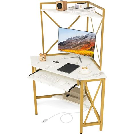 COSTWAY Escritorio para Computadora con Estantes, Escritorio de Esquina Ahorra Espacio con Bandeja para Teclado, Mesa Triangular para Oficina con Marco de Metal para Hogar Oficina (Blanco + Dorado) (1/5)