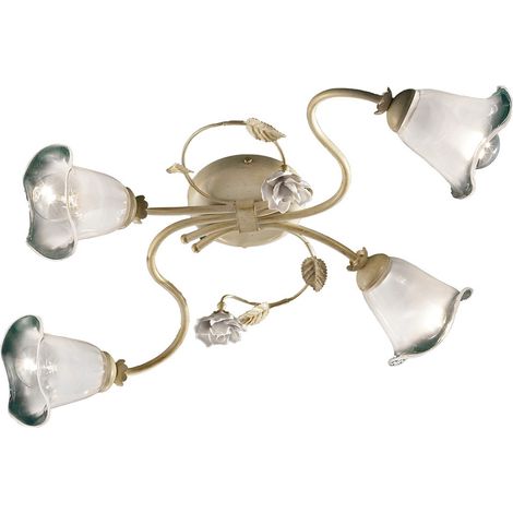 Plafoniera Classica Siena Metallo E Ceramica Bianco Sfumato Oro 4 Luci E14 (1/4)
