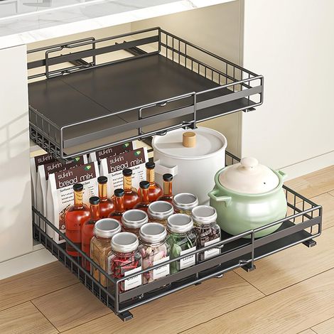 2 pack Organisateur de l'armoire de tirage extensible, organisateur de l'armoire à glissement télescopique pour cuisine, organisateur d'armoire de largeur réglable (noir) (1/5)