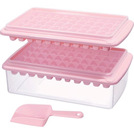 Bac à glaçons avec couvercle et compartiment congélateur, rose, récipient de rangement et cuillère inclus. Plastique souple et résistant, sans BPA.