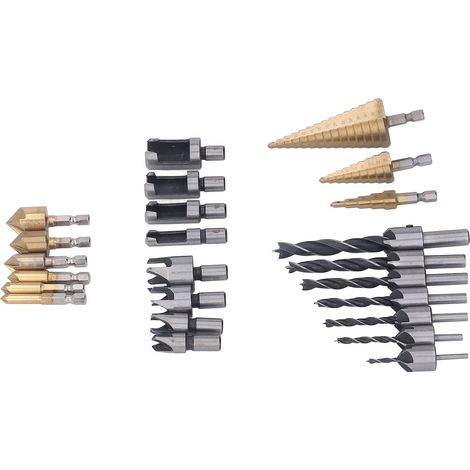 Set mit 26 Holzbohrern inklusive Senker, L-Schlüssel, Dübelschneider, Stufenbohrer und automatischem Locher (1/5)