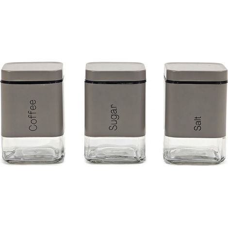 Set 3 Barattoli Cucina per Sale Zucchero Caffe da 80 cl in Vetro con Rivestimento in Metallo Grigio Scritte Verticali coffee sugar salt Tappo Salvafreschezza e Fondo Trasparente Salvaspazio (1/4)