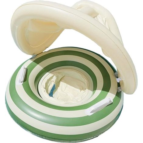 Salvagente per bambini con parasole removibile e maniglia antiscivolo, design a righe retrò, verde.