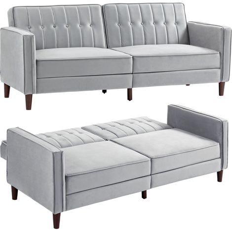HOMCOM Convertible Sofa Futon Velvet-Touch Tufted Couch Sofa Bed Split Back Light Grey