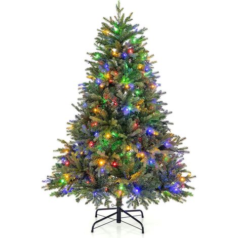 COSTWAY Sapin de Noël Artificiel Pré-éclairé 150/180 cm, Arbre de Noël avec Lumières LED Multicolores et Blanc Chaud, 11 Modes d'Éclairage, à Charnière, pour Maison, Bureau, Fêtes, 150 cm (1/5)