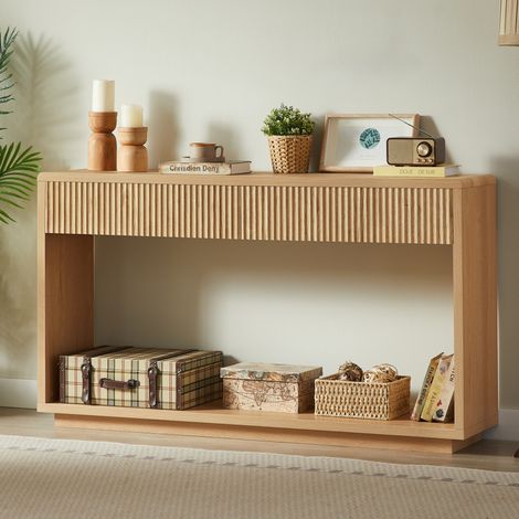 Mesa consola de recibidor (150x35x85 cm), con 2 cajones y balda abierta, bordes redondeados, tablero de partículas y MDF natural (1/5)