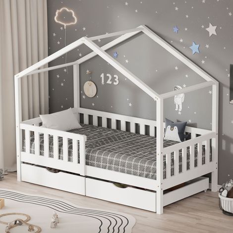 ML-Design Cama Infantil 80x160cm Forma de Casita Madera Blanca Maciza de Pino con 2 Cajones con Somier de Láminas, Techo y Protección Anticaída, Cuna Baja de Suelo para Niños Litera Montessori Junior (1/5)